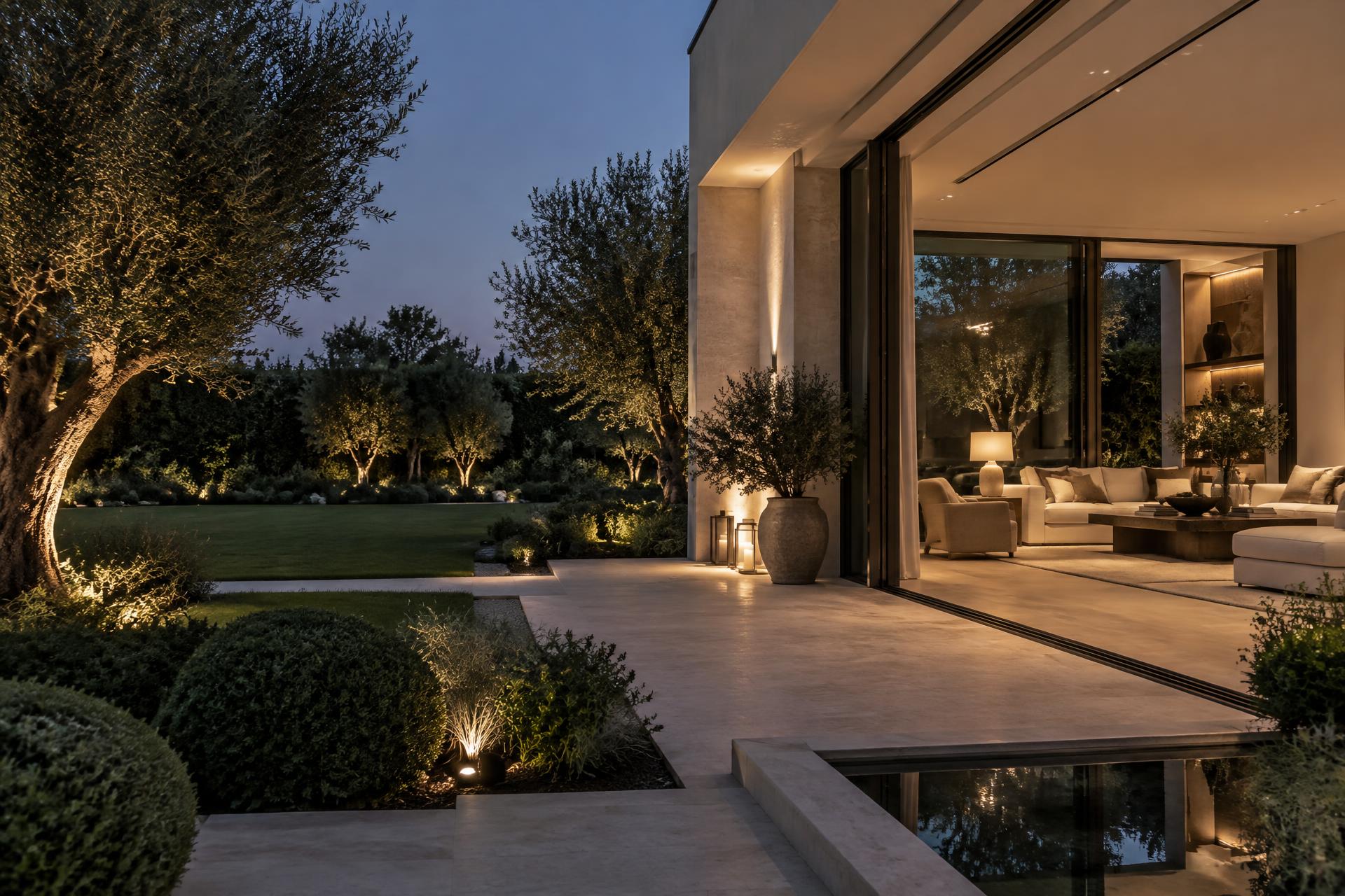 Illustrative luxury residence opening onto a landscaped garden at dusk